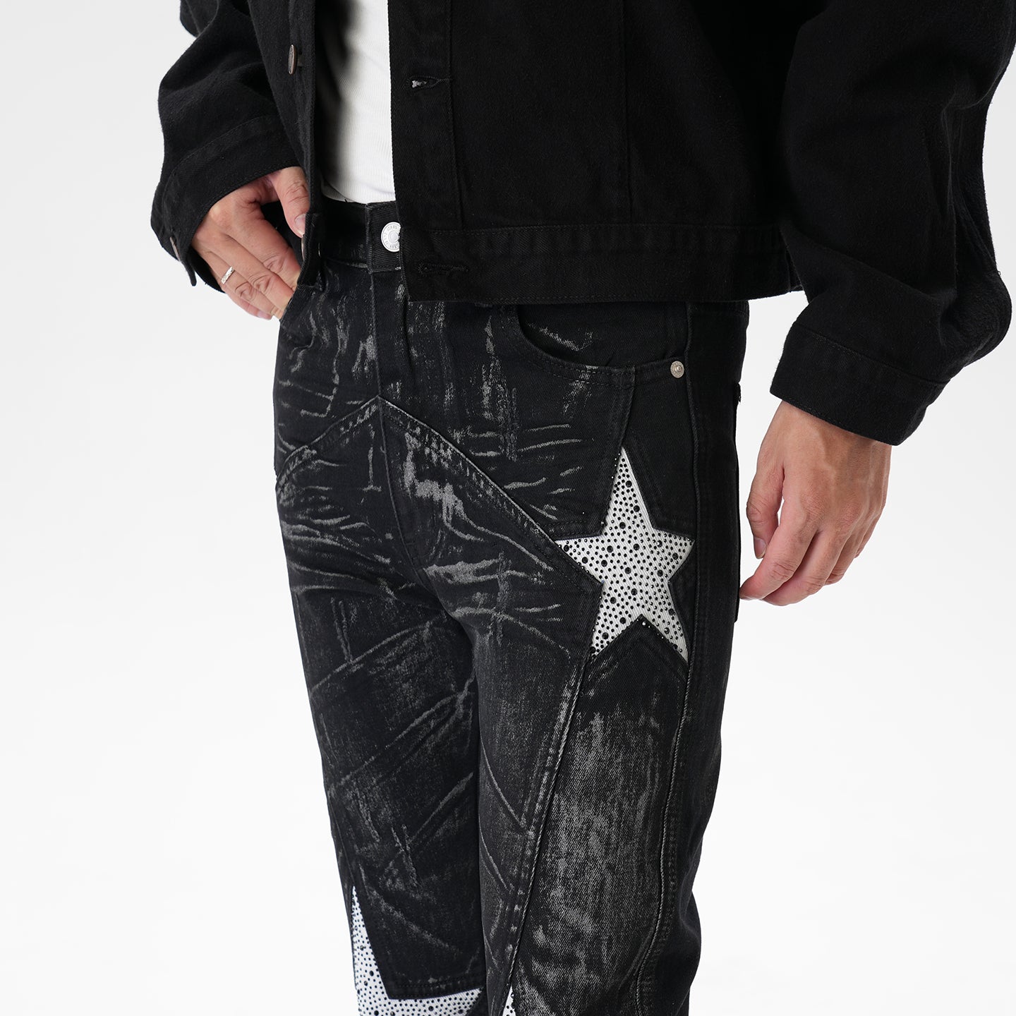 CWHAT American-style high street stitching three-dimensional tailoring deconstruction five-pointed star hot drilling brush dirty slim Micro-jeans men