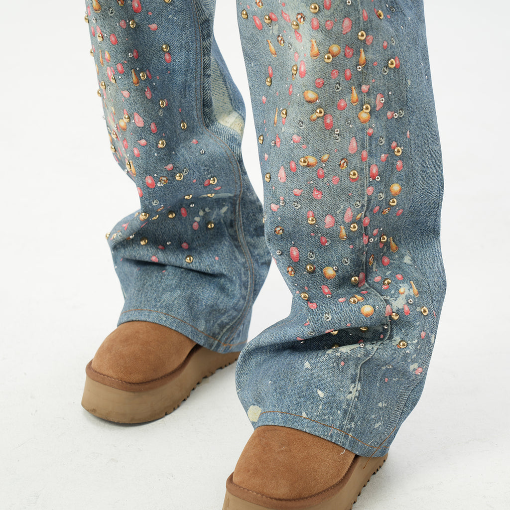 American retro AC style 3D digital printing old rivet drilling casual loose straight jeans men