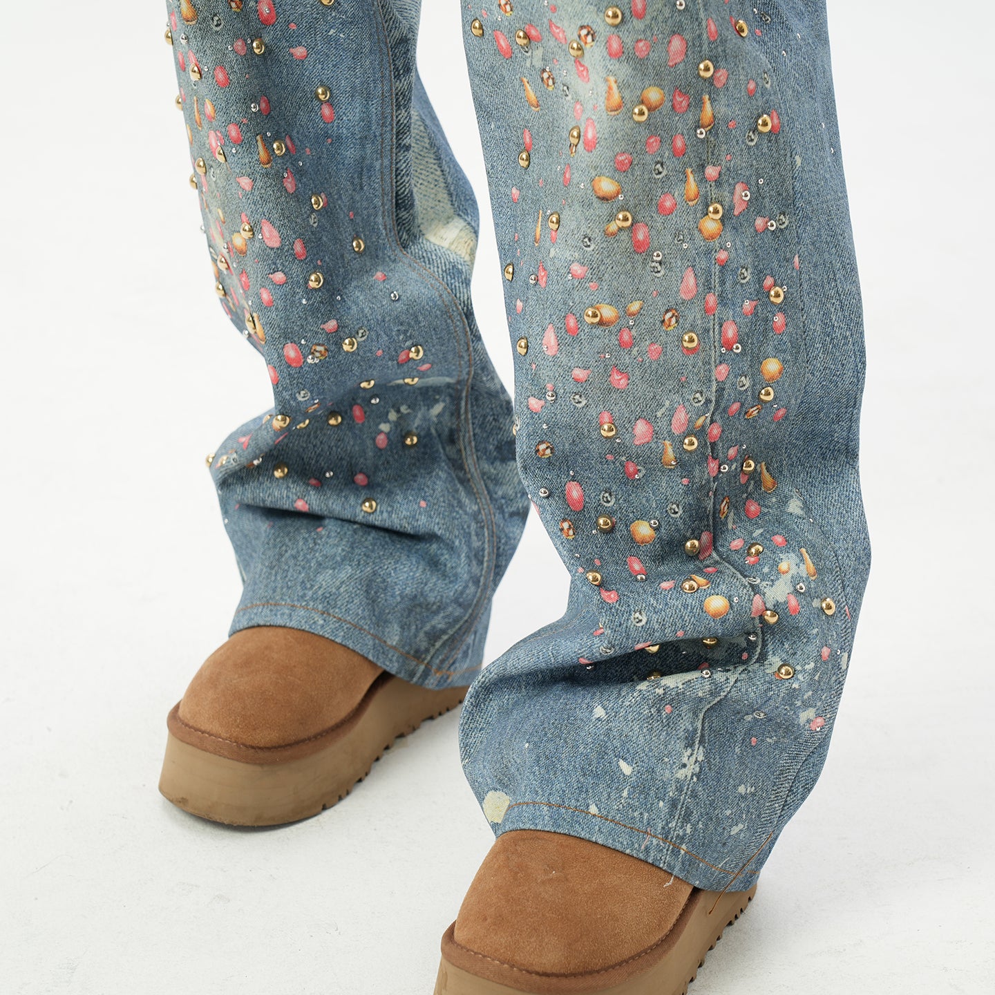 American retro AC style 3D digital printing old rivet drilling casual loose straight jeans men