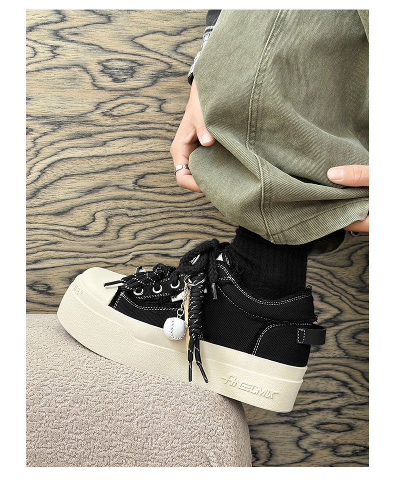 Thick-Soled Round-Toe Mickey Black and White Chunky Sneakers