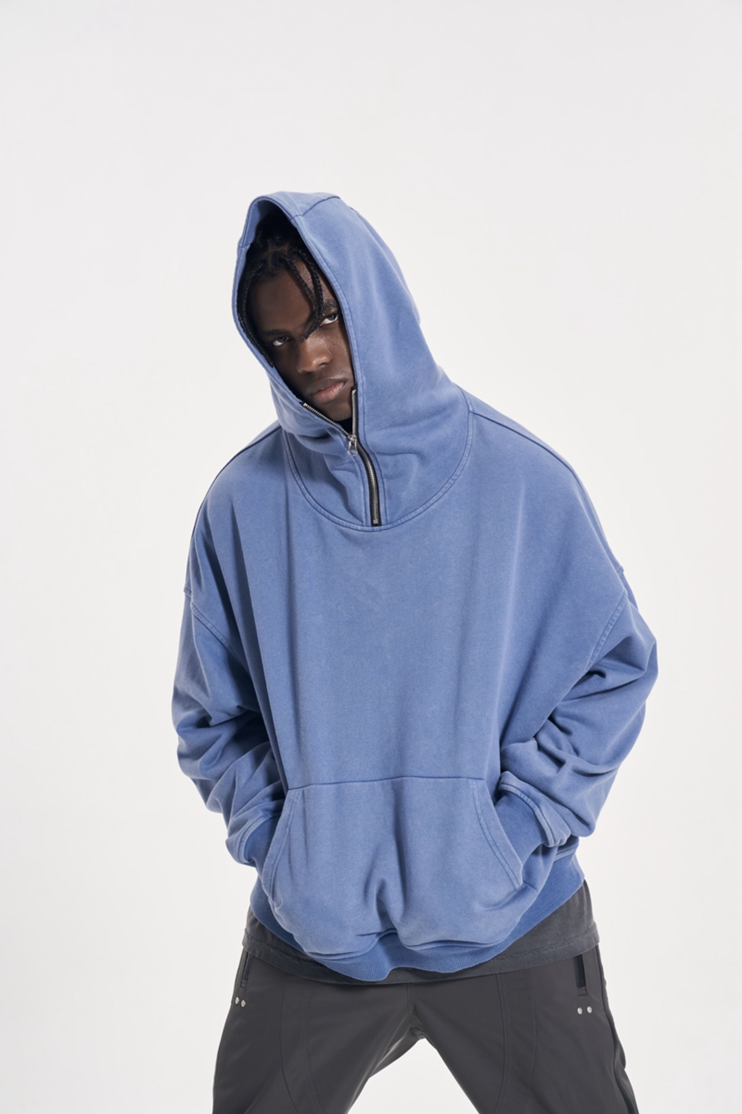 CWHAT High Street Zipper Ice Blue Washed Distressed FAR ARCHIVE Style Hoodie/Men's Base Layer 144