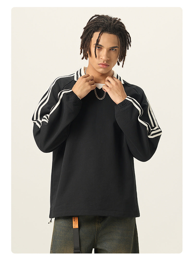 RS Men's Clothing | Cross-border American Striped Pure Cotton Sweatshirt Men's 380G College Style Color Block Turn-down Collar Commuting Men's Sweatshirt 120