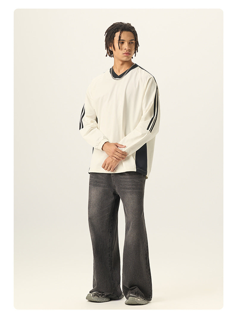 RS Men's Wear | College Style 285G Color Block V-Neck Long-Sleeve T-Shirt, 5A Antibacterial UPF50+ Sun Protection American Style Long-Sleeve T-Shirt 119