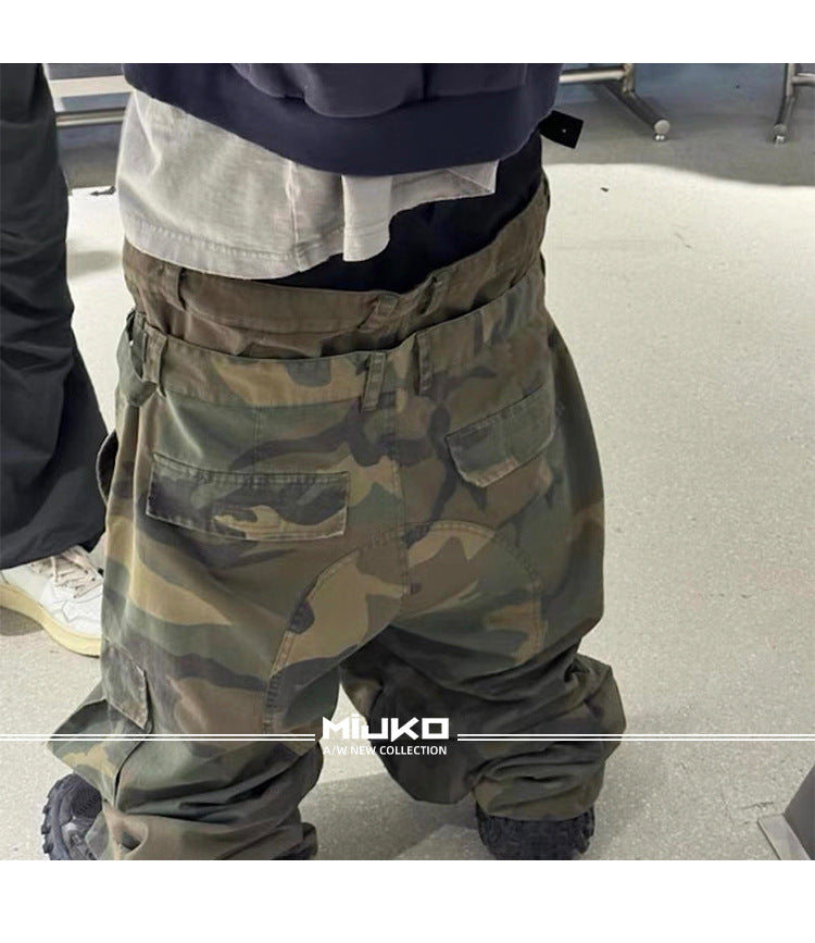 MIJKO Men's and Women's Triple-Waist Camouflage Cargo Pants with Buckle Waist Design, Casual Straight Leg Pants, Trendy 152