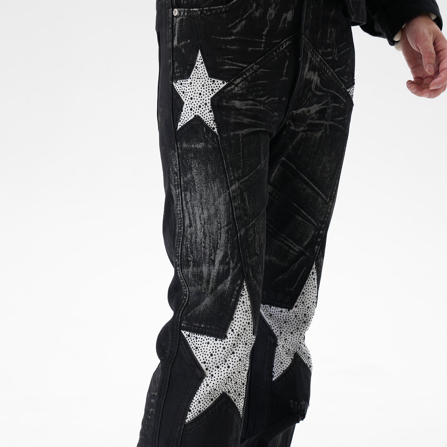 CWHAT American-style high street stitching three-dimensional tailoring deconstruction five-pointed star hot drilling brush dirty slim Micro-jeans men