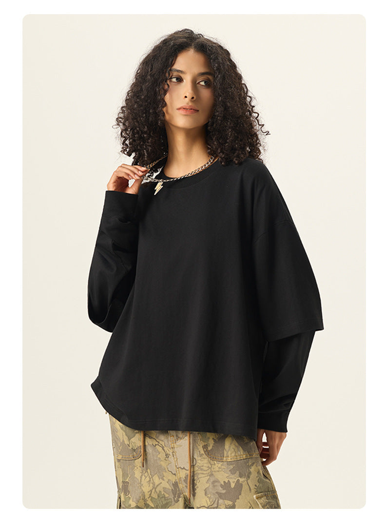 RS Men's Clothing | Cross-border Faux Two-Piece Color Block Long-Sleeve T-Shirt 280G Pure Cotton Short Wide Boxy American Style Patchwork Long-Sleeve T-Shirt 118