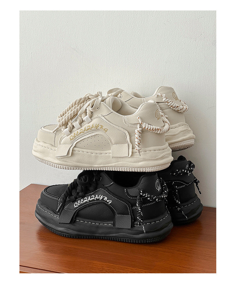 Thick-Soled Black Braided Sports Sneakers