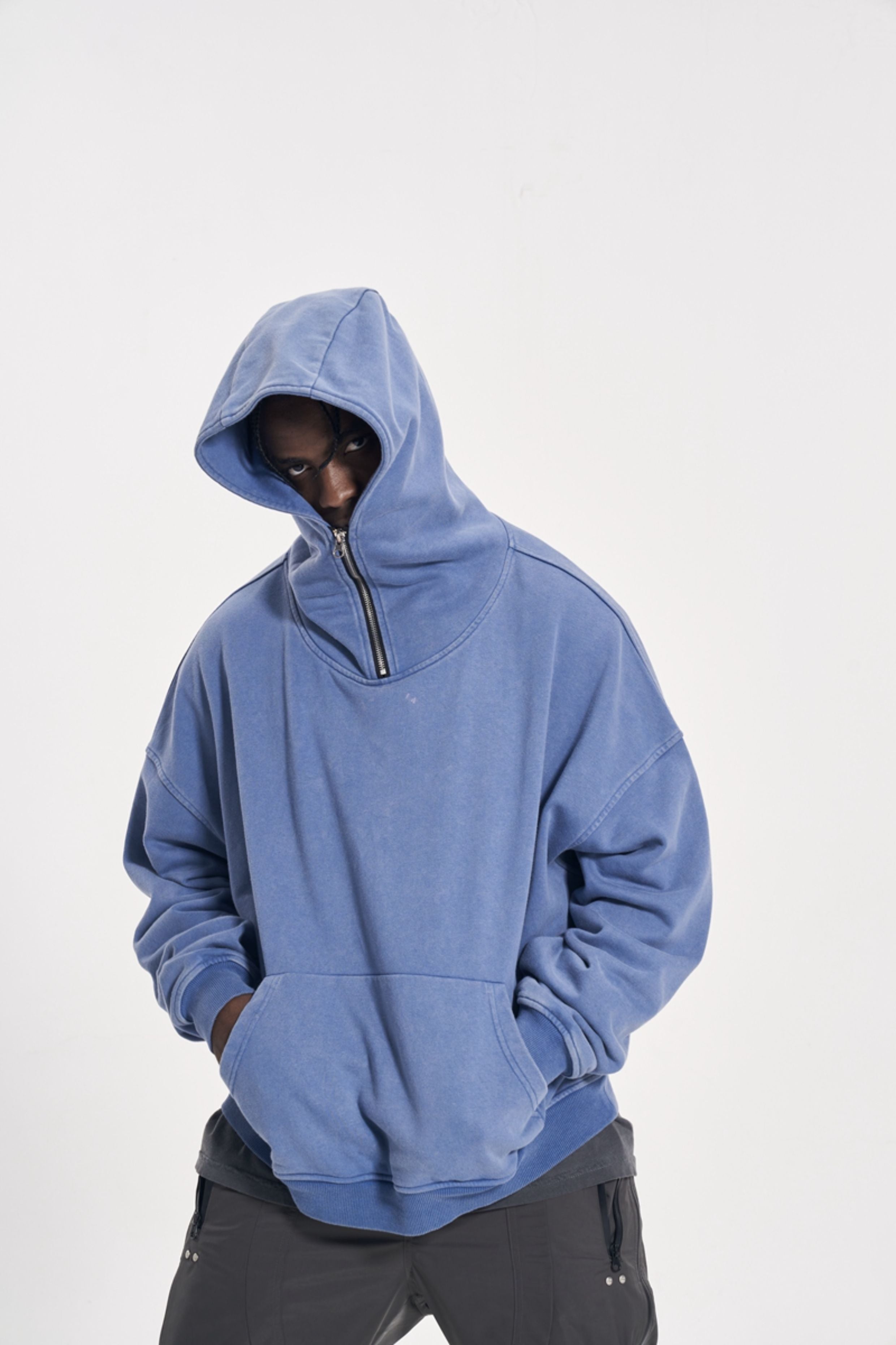 CWHAT High Street Zipper Ice Blue Washed Distressed FAR ARCHIVE Style Hoodie/Men's Base Layer 144