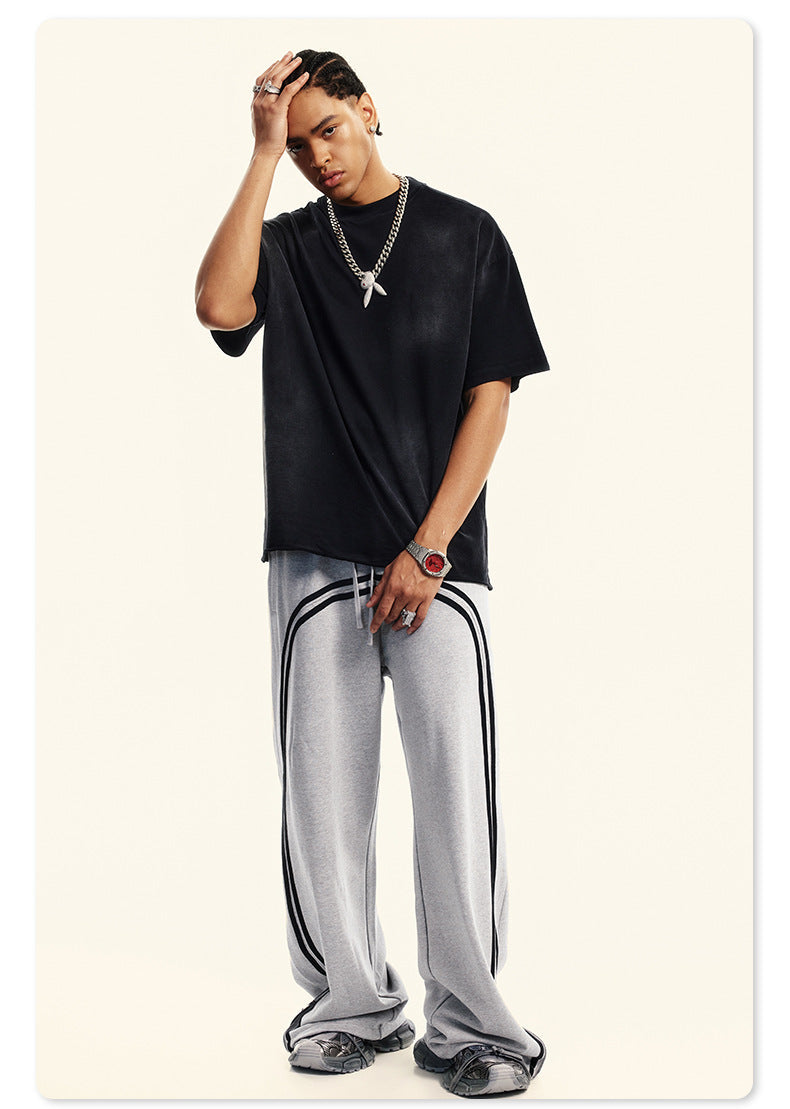 Autumn Street Style American Sporty Straight Leg Pants, Washed Striped Webbing Zipper Long Pants, Wide Leg Sweatpants for Men 105