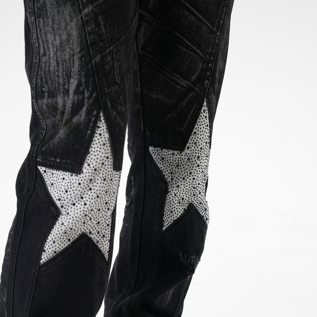 CWHAT American-style high street stitching three-dimensional tailoring deconstruction five-pointed star hot drilling brush dirty slim Micro-jeans men