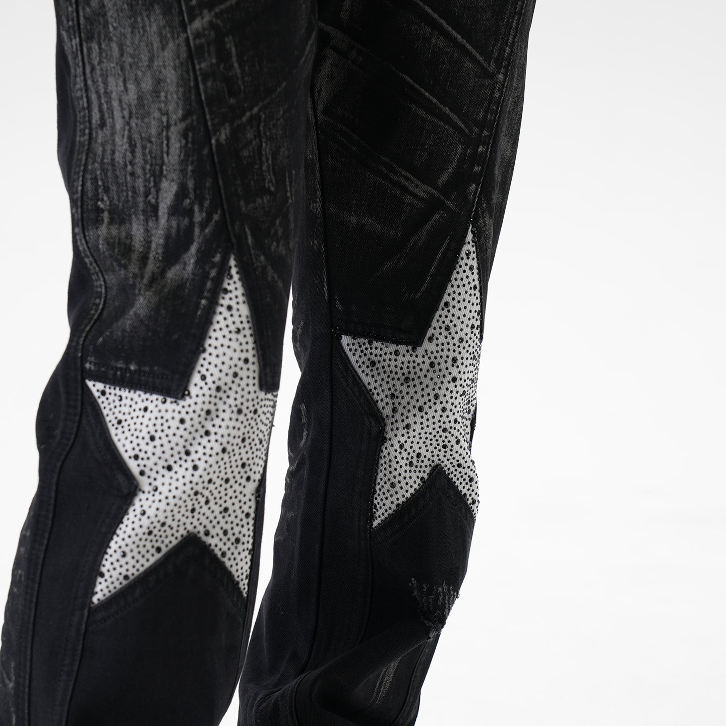 CWHAT American-style high street stitching three-dimensional tailoring deconstruction five-pointed star hot drilling brush dirty slim Micro-jeans men