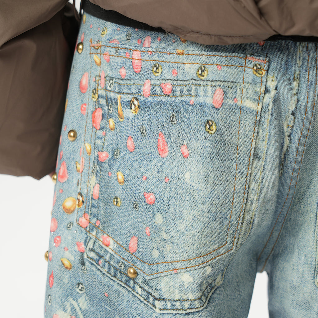 American retro AC style 3D digital printing old rivet drilling casual loose straight jeans men