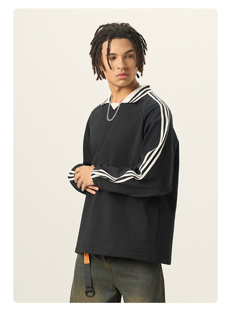 RS Men's Clothing | Cross-border American Striped Pure Cotton Sweatshirt Men's 380G College Style Color Block Turn-down Collar Commuting Men's Sweatshirt 120