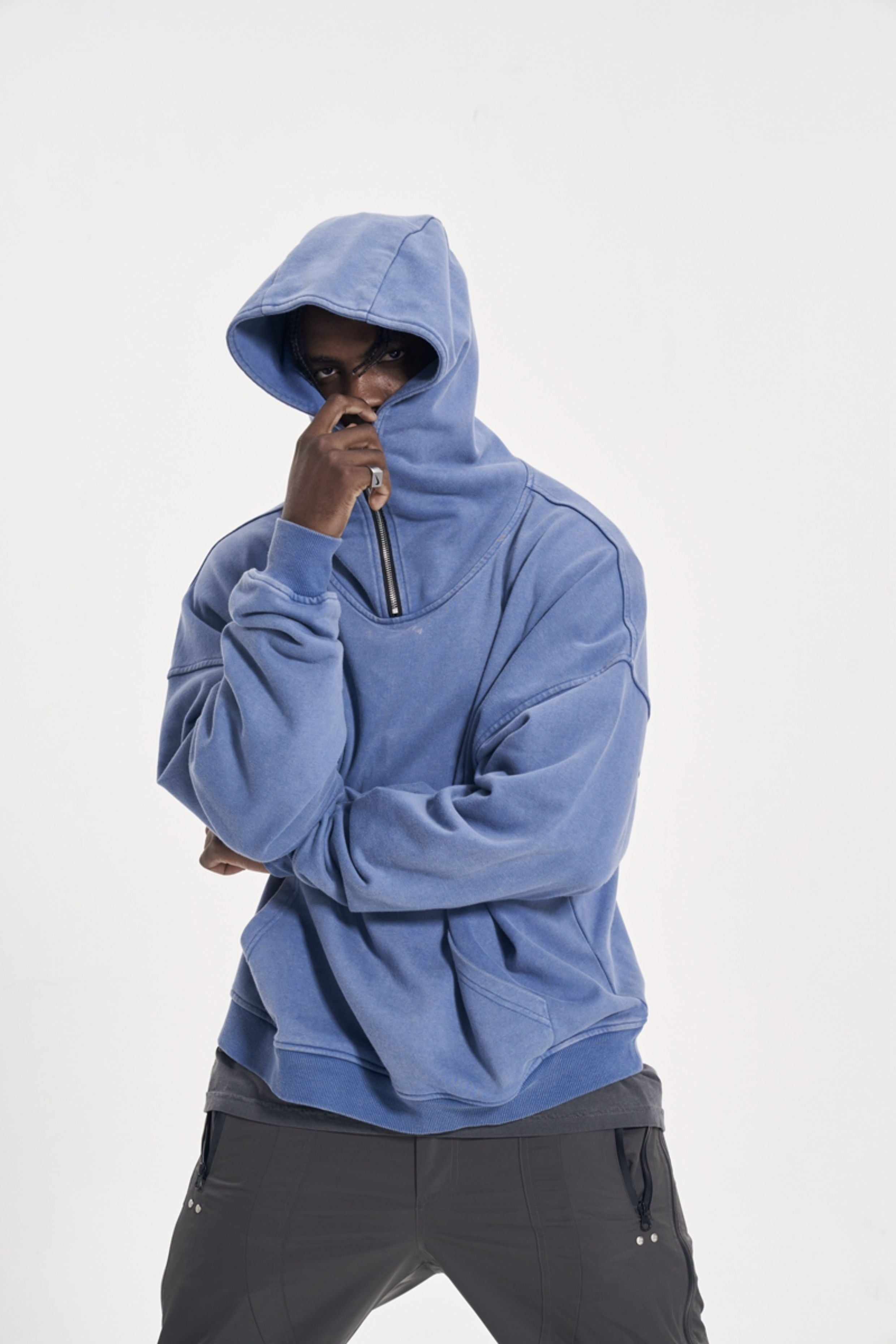 CWHAT High Street Zipper Ice Blue Washed Distressed FAR ARCHIVE Style Hoodie/Men's Base Layer 144