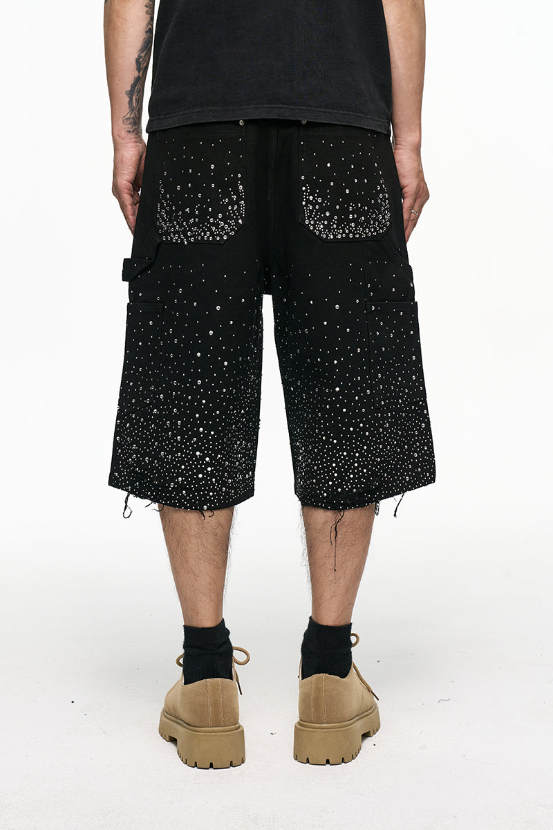 CWHAT American Retro VIBE Style Rhinestone Frayed Edge Men's Hip Hop Cropped Denim Shorts with Rhinestone Foil Hem 153