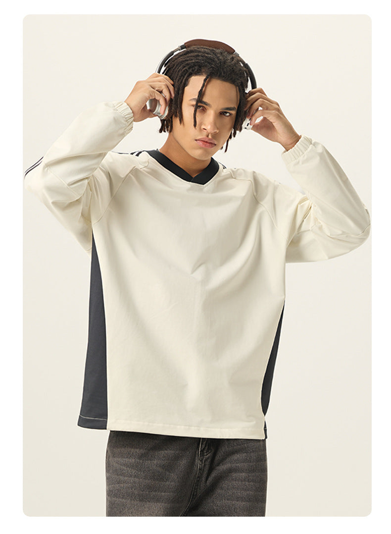 RS Men's Wear | College Style 285G Color Block V-Neck Long-Sleeve T-Shirt, 5A Antibacterial UPF50+ Sun Protection American Style Long-Sleeve T-Shirt 119