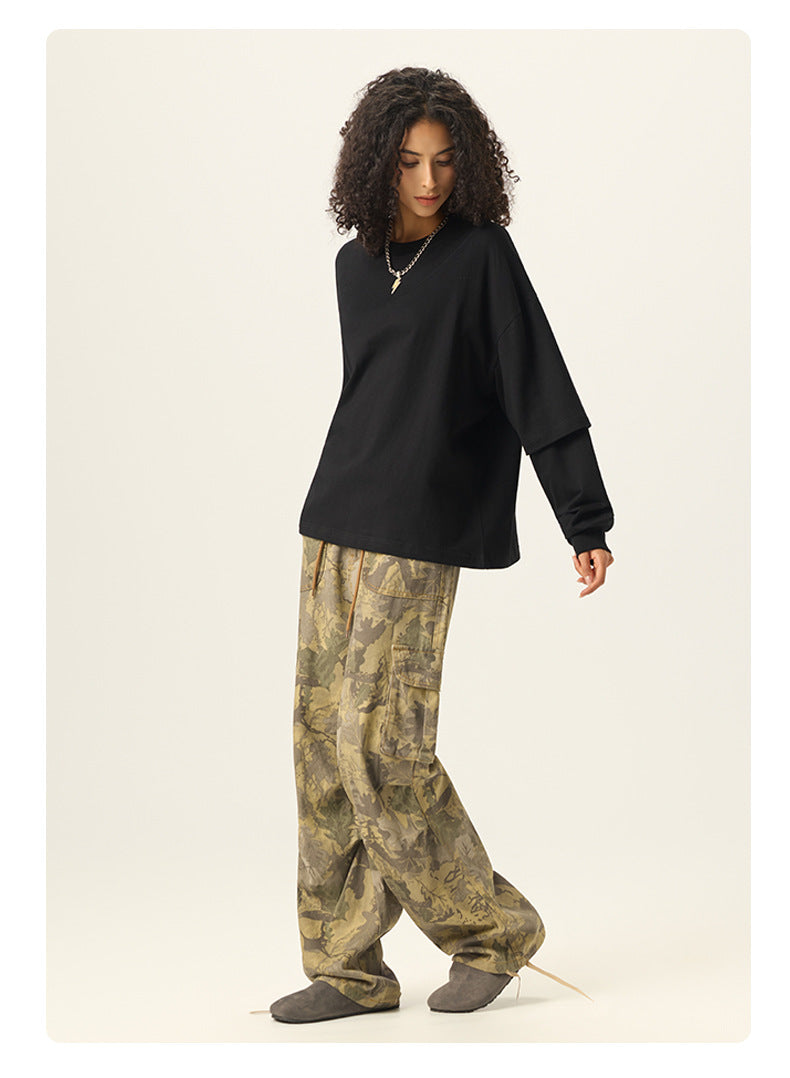 RS Men's Clothing | Cross-border Faux Two-Piece Color Block Long-Sleeve T-Shirt 280G Pure Cotton Short Wide Boxy American Style Patchwork Long-Sleeve T-Shirt 118