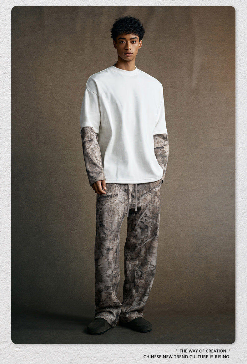 Street Style Chic American Retro Faux Two-Piece Camouflage Hip Hop Cool Layered Long-Sleeve T-Shirt for Men 175