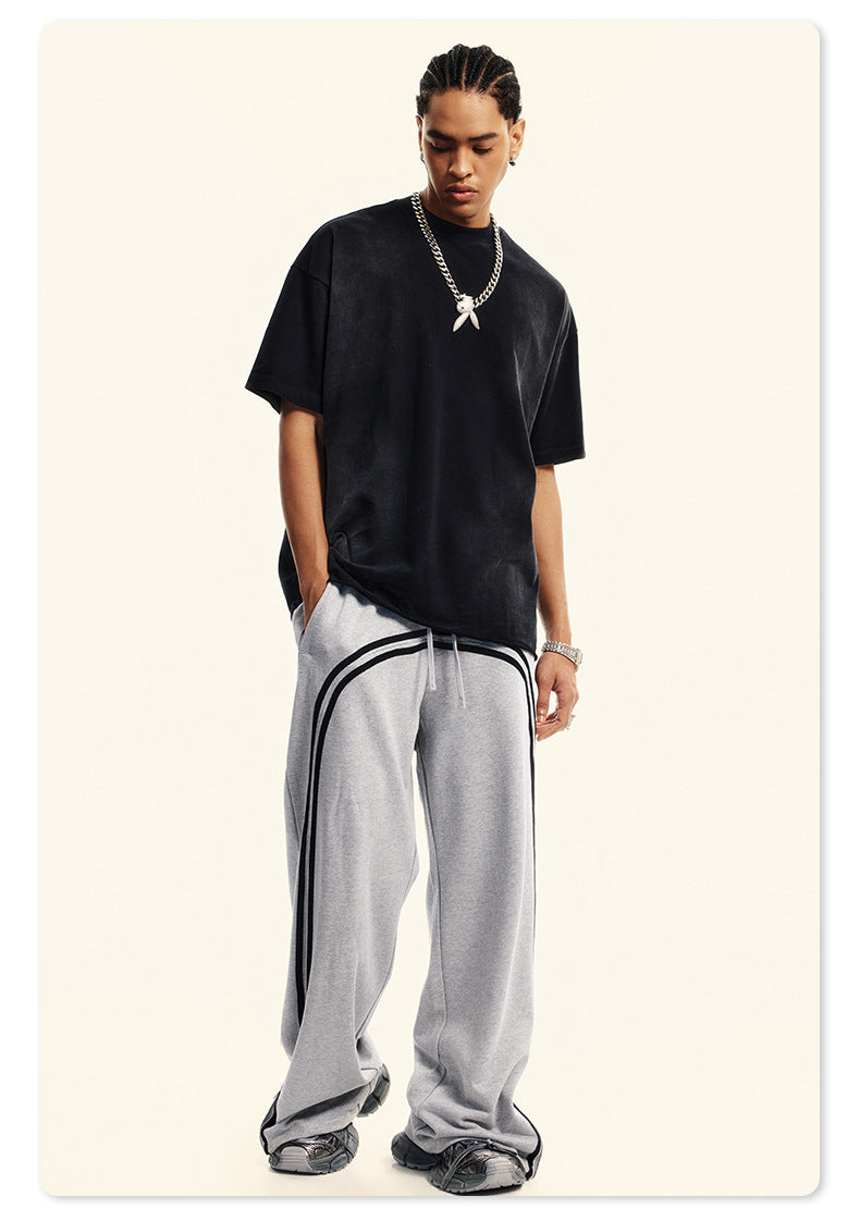 Autumn Street Style American Sporty Straight Leg Pants, Washed Striped Webbing Zipper Long Pants, Wide Leg Sweatpants for Men 105