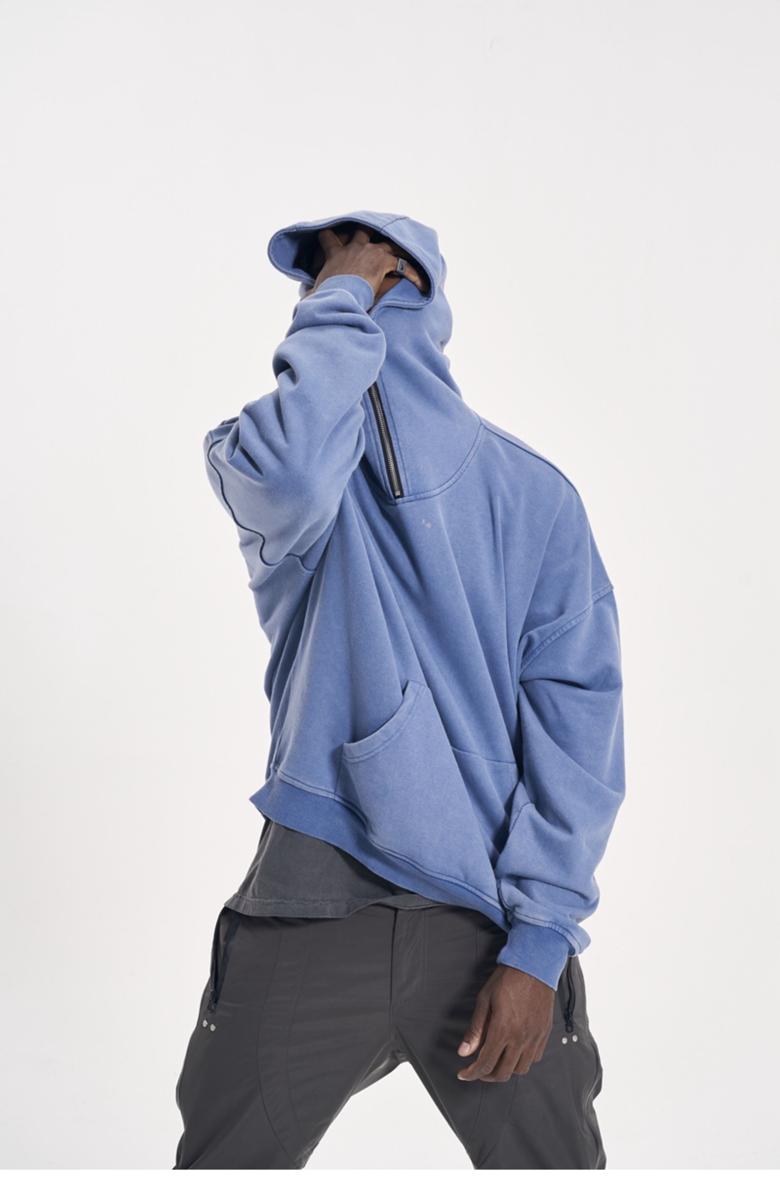 CWHAT High Street Zipper Ice Blue Washed Distressed FAR ARCHIVE Style Hoodie/Men's Base Layer 144