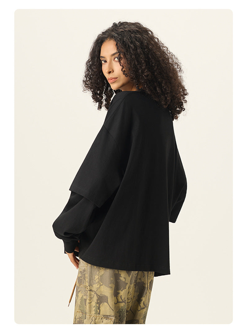 RS Men's Clothing | Cross-border Faux Two-Piece Color Block Long-Sleeve T-Shirt 280G Pure Cotton Short Wide Boxy American Style Patchwork Long-Sleeve T-Shirt 118