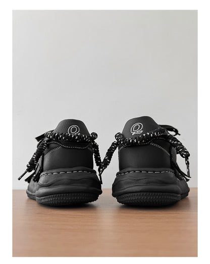 Thick-Soled Black Braided Sports Sneakers