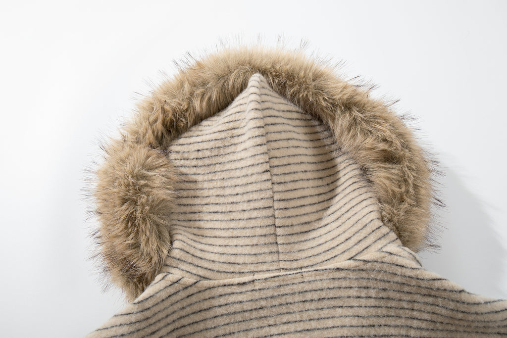 New American Retro Minimalist Versatile Striped Hooded Sweatshirt with Fur Collar Jacket 180