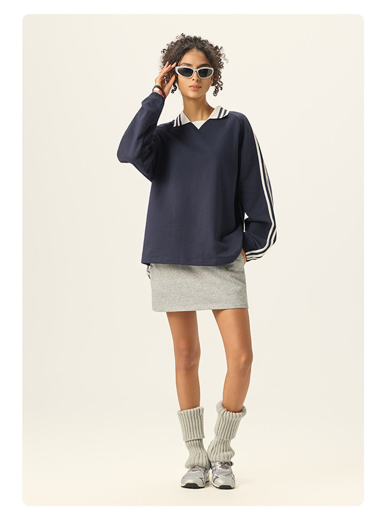 RS Men's Clothing | Cross-border American Striped Pure Cotton Sweatshirt Men's 380G College Style Color Block Turn-down Collar Commuting Men's Sweatshirt 120