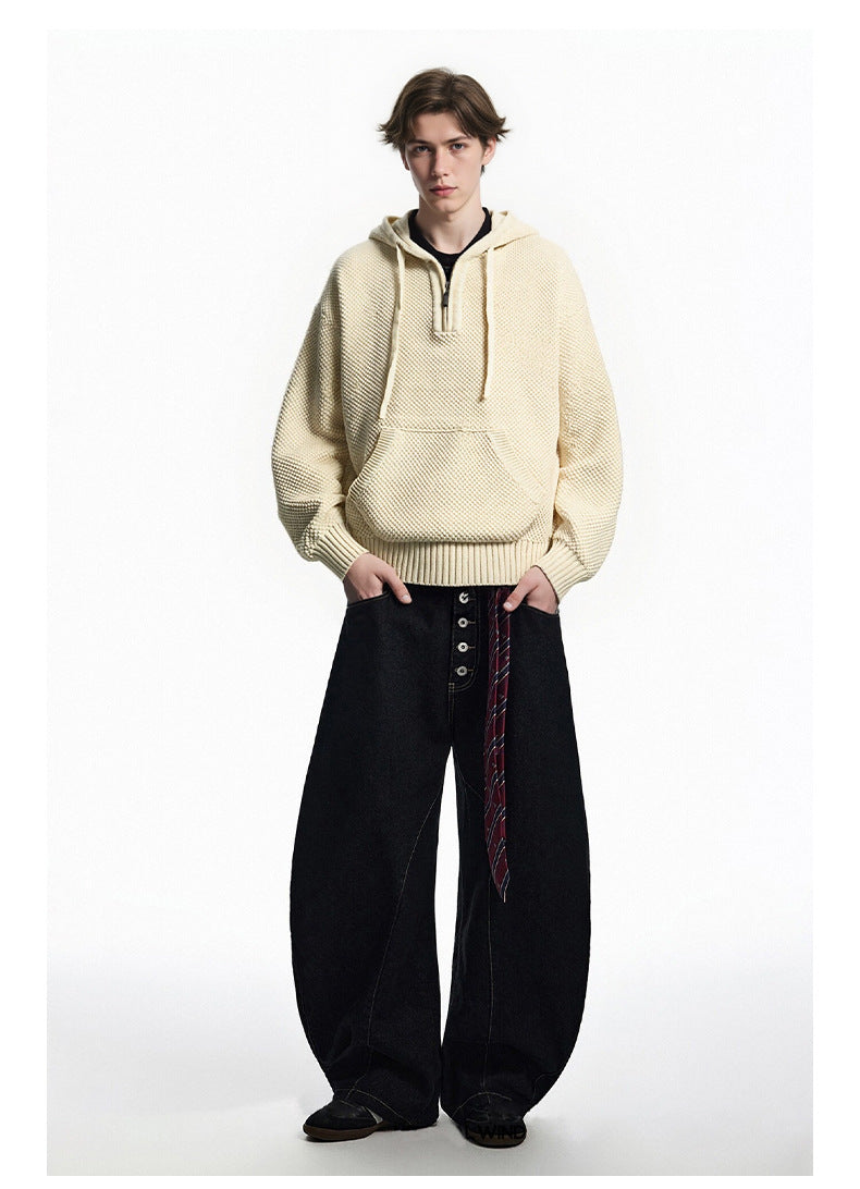 American Retro Textured Half-Zip Hooded Sweater for Men and Women, Autumn Cleanfit Knit Hoodie 171