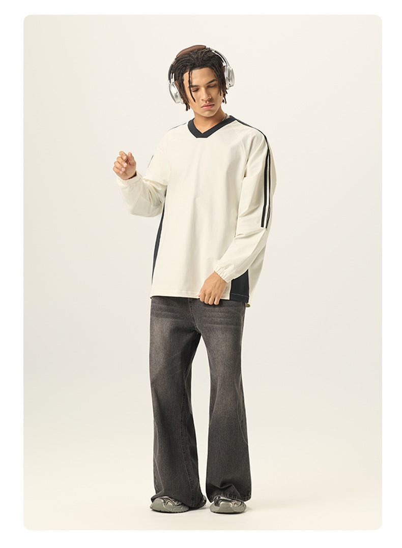 RS Men's Wear | College Style 285G Color Block V-Neck Long-Sleeve T-Shirt, 5A Antibacterial UPF50+ Sun Protection American Style Long-Sleeve T-Shirt 119