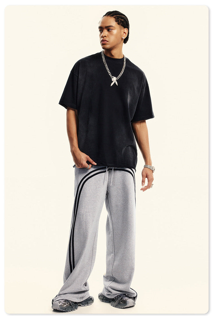 Autumn Street Style American Sporty Straight Leg Pants, Washed Striped Webbing Zipper Long Pants, Wide Leg Sweatpants for Men 105