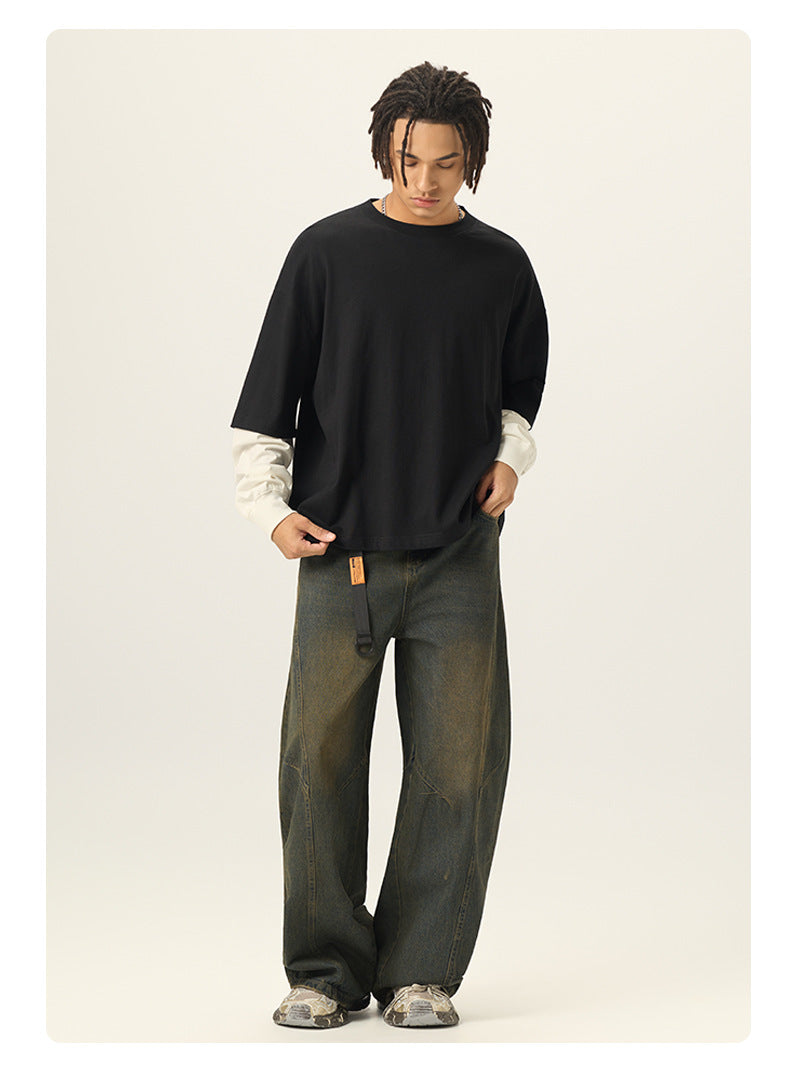 RS Men's Clothing | Cross-border Faux Two-Piece Color Block Long-Sleeve T-Shirt 280G Pure Cotton Short Wide Boxy American Style Patchwork Long-Sleeve T-Shirt 118