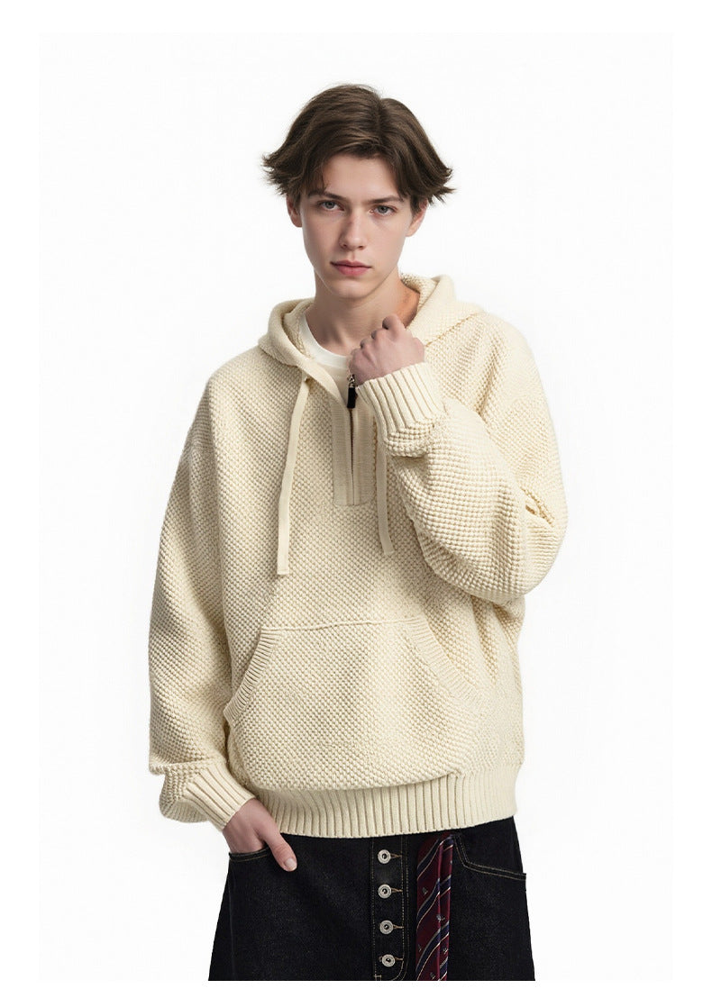 American Retro Textured Half-Zip Hooded Sweater for Men and Women, Autumn Cleanfit Knit Hoodie 171