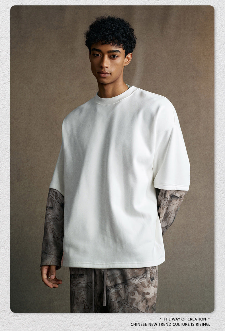 Street Style Chic American Retro Faux Two-Piece Camouflage Hip Hop Cool Layered Long-Sleeve T-Shirt for Men 175