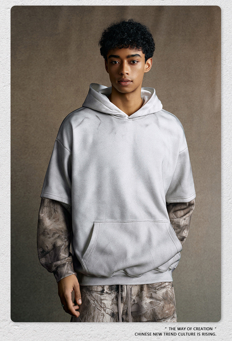 Street Style Chic 2025 American Retro Distressed Color Block Faux Two-Piece Camouflage Hooded Sweatshirt for Men 176