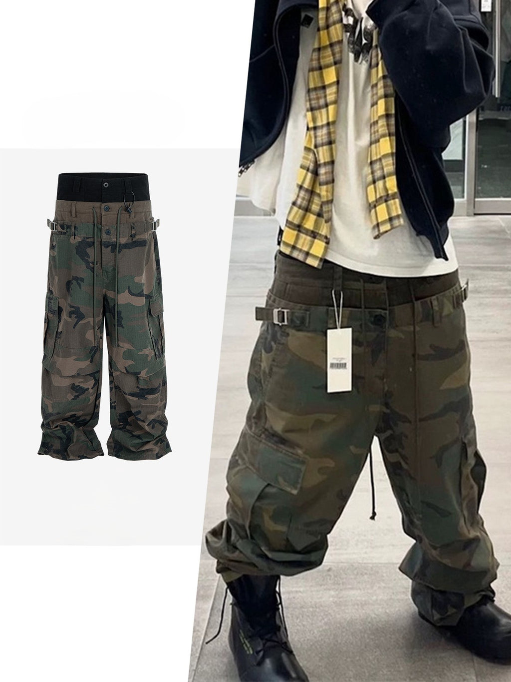 MIJKO Men's and Women's Triple-Waist Camouflage Cargo Pants with Buckle Waist Design, Casual Straight Leg Pants, Trendy 152