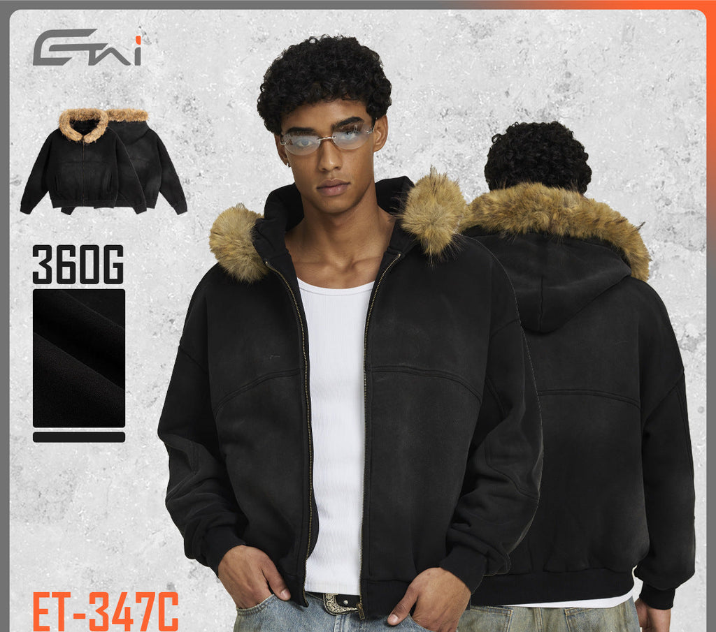 Men's Clothing | Loose Short Style Men's Trendy Brand High-Quality Heavyweight Boxy Hooded Sweatshirt with Horsehair Collar and Zipper. 163