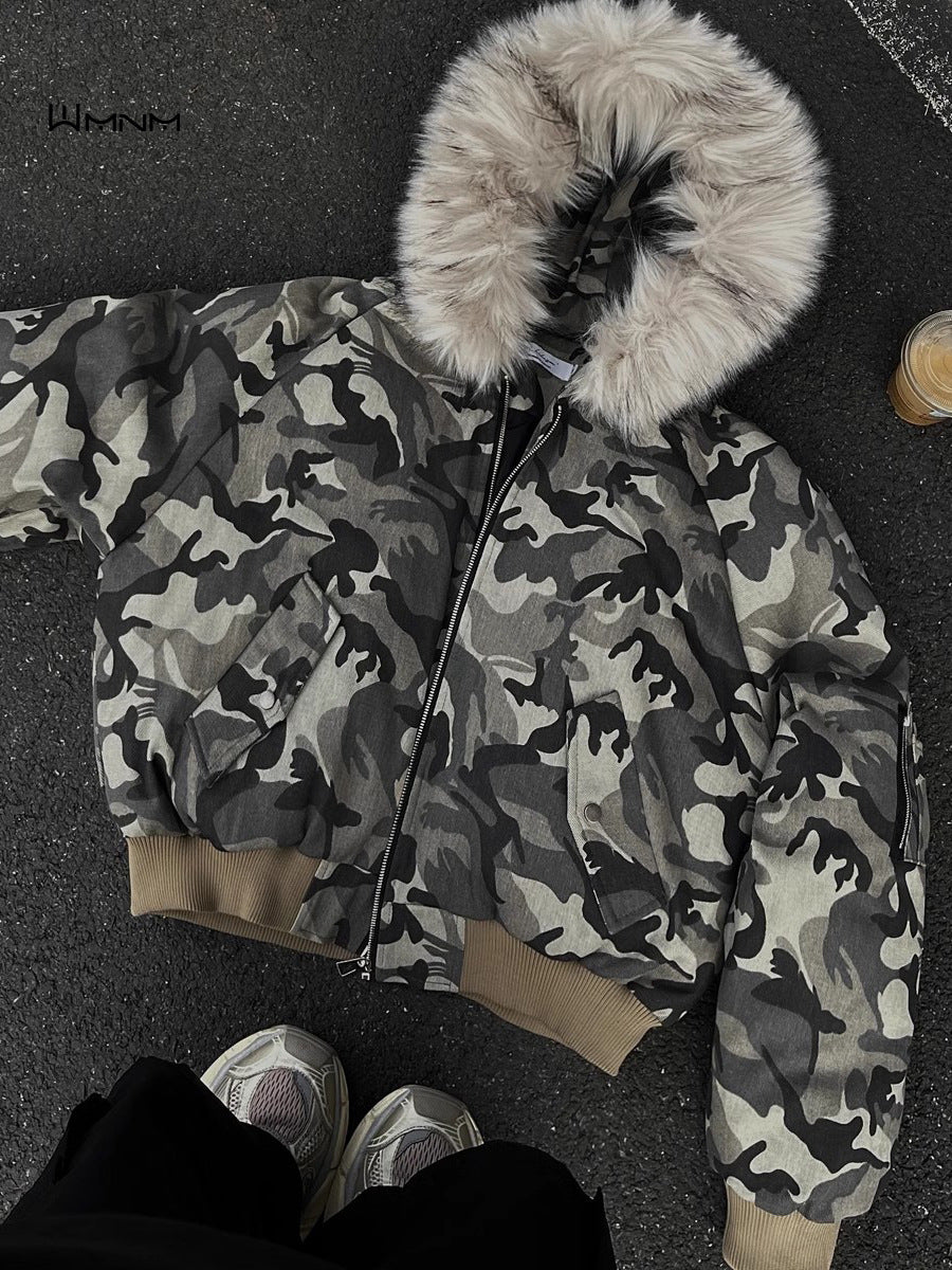 Men's winter thickened high-street bomber American-style flight quilted jacket with large fur collar. 133