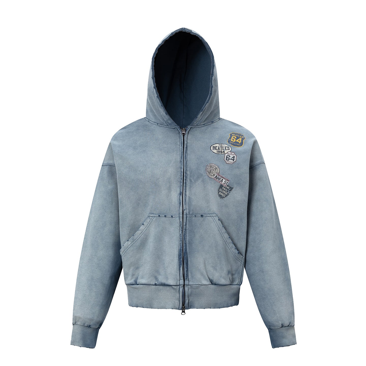 27362 American-style trendy washed distressed print short wide men's hooded cardigan sweatshirt jacket 148