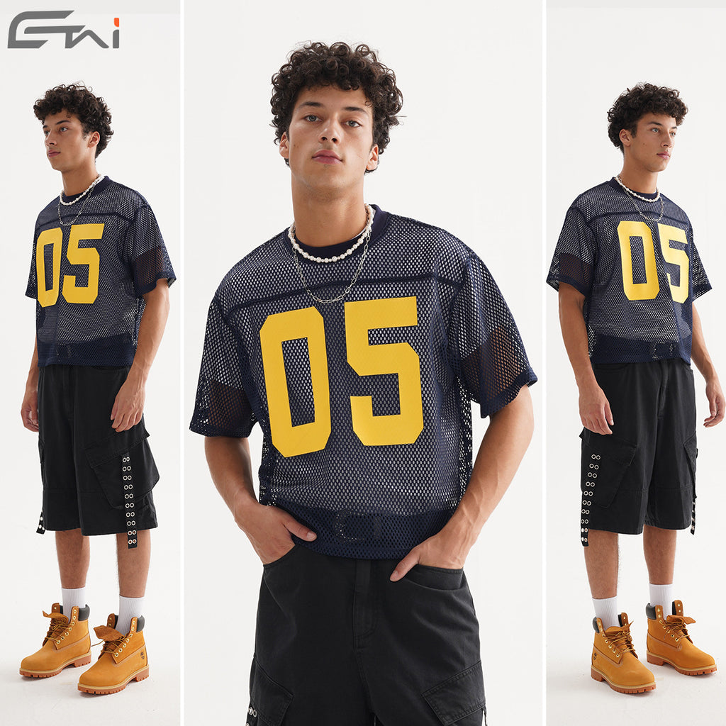 In stock, short-sleeved, wide-fit mesh sportswear, polygonal mesh, loose fit, casual sports printed men's T-shirt. 129