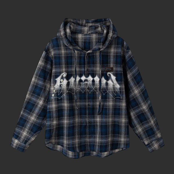 Grey-Blue Plaid Hooded Flannel Shirt with Gothic Embroidery | FlipFit