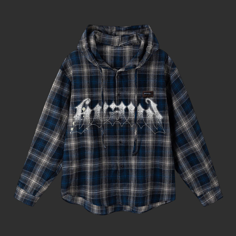 Grey-Blue Plaid Hooded Flannel Shirt with Gothic Embroidery | FlipFit