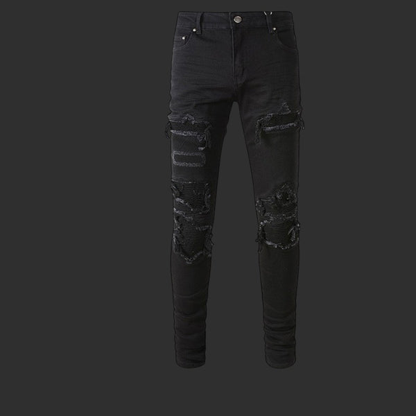 BLACK DESTROYED BIKER PATCH SKINNY JEANS RIPPED STREETWEAR DENIM | FLIPFIT
