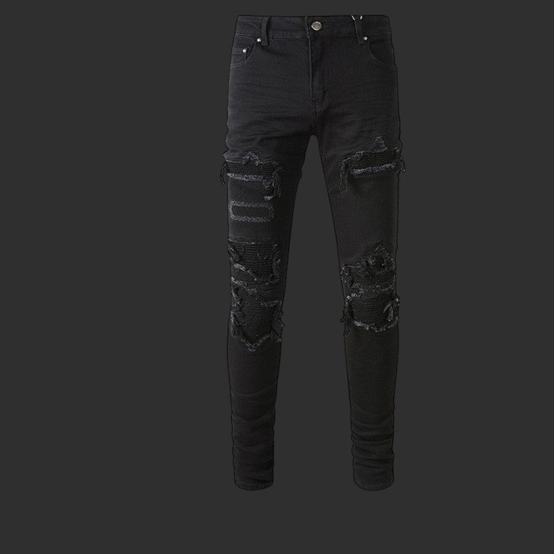 BLACK DESTROYED BIKER PATCH SKINNY JEANS RIPPED STREETWEAR DENIM | FLIPFIT