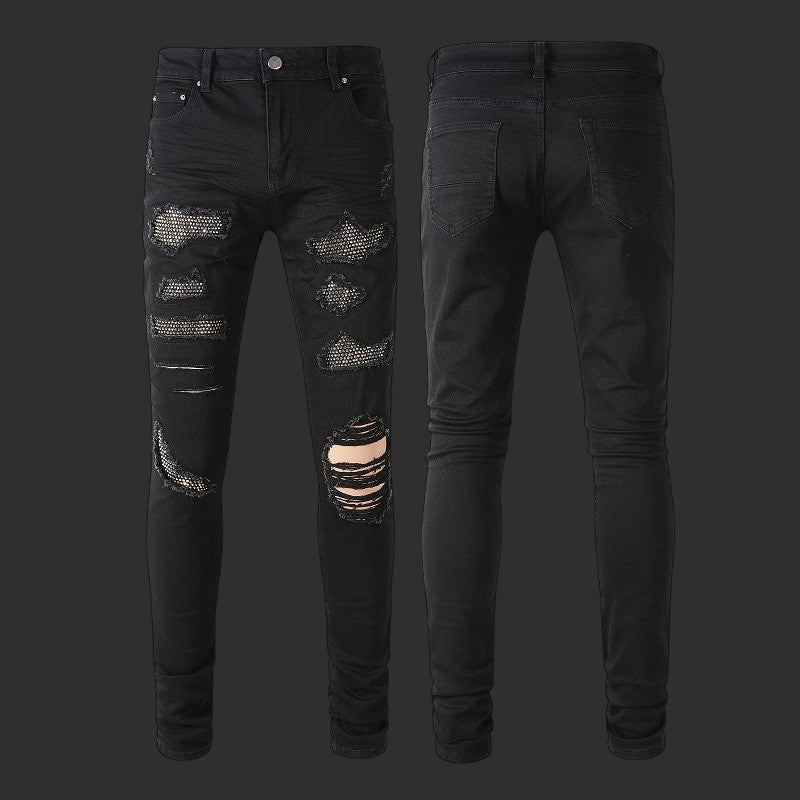BLACK RHINESTONE MESH PATCH RIPPED SKINNY JEANS DESTROYED STREETWEAR DENIM | FLIPFIT
