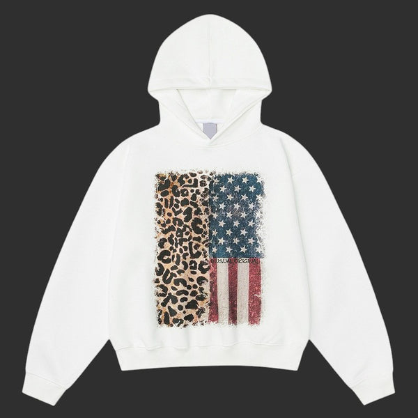Leopard American Flag Hoodie Men Distressed Print Oversized Streetwear Hoodie | FlipFit