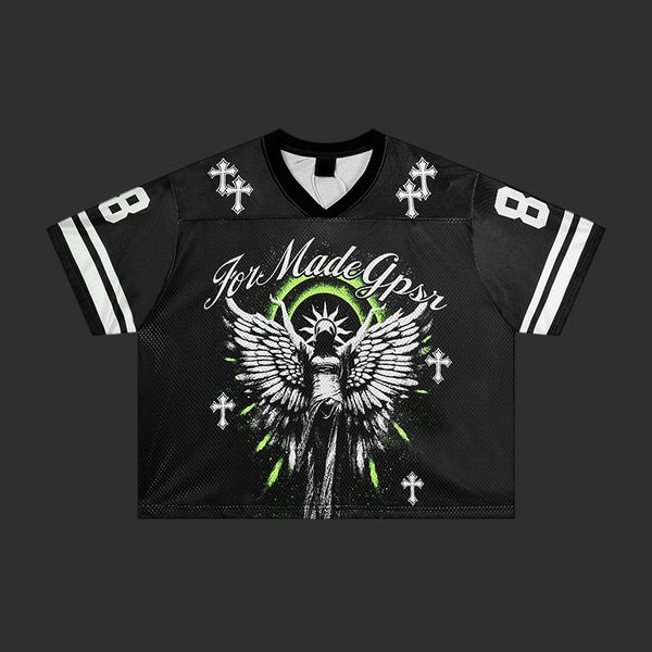 Angel Graphic Football Jersey T-Shirt Men Winged Print Oversized Streetwear Tee | FlipFit