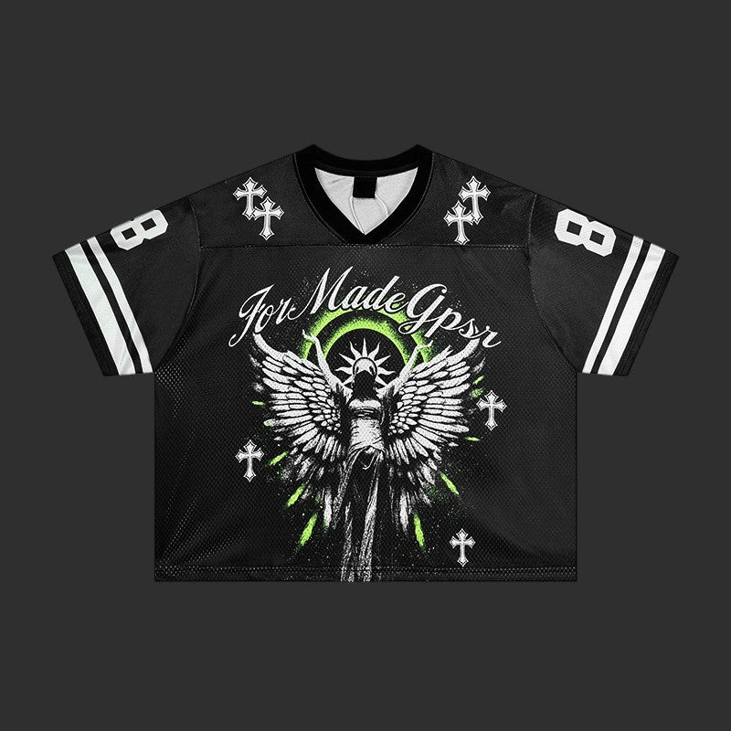 Angel Graphic Football Jersey T-Shirt Men Winged Print Oversized Streetwear Tee | FlipFit