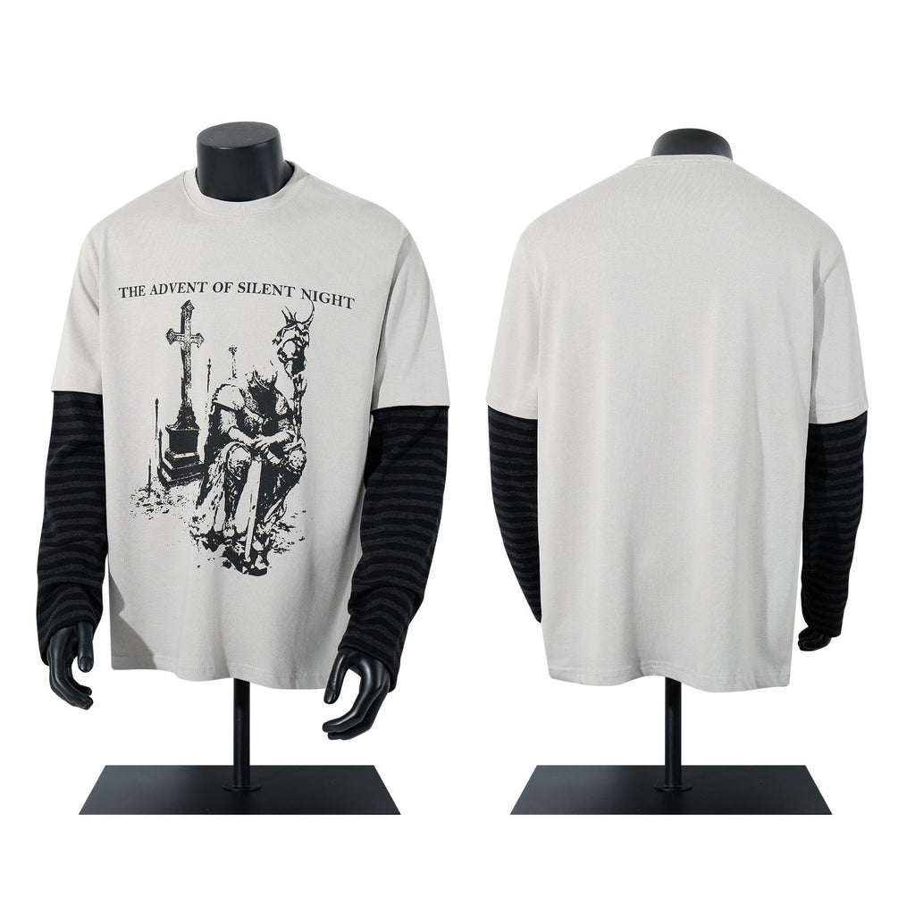 Men's 2025 Autumn American Street Hip Hoodie Faux Two-Piece Dark Print T-Shirt Long Sleeve 165