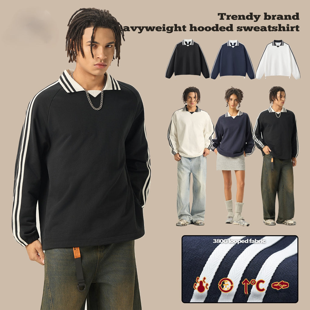 RS Men's Clothing | Cross-border American Striped Pure Cotton Sweatshirt Men's 380G College Style Color Block Turn-down Collar Commuting Men's Sweatshirt 120